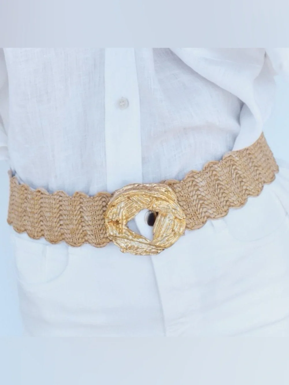 Zara NWT Metallic Gold Woven stretch Waist Belt Textured Round Buckle -size 30